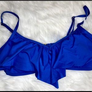 Ella moss dark blue swimsuit with ruffle front and gold clasp